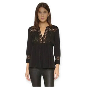 REBECCA TAYLOR 100% Silk Black Lace Blouse‎ Size 2 Dark Academia